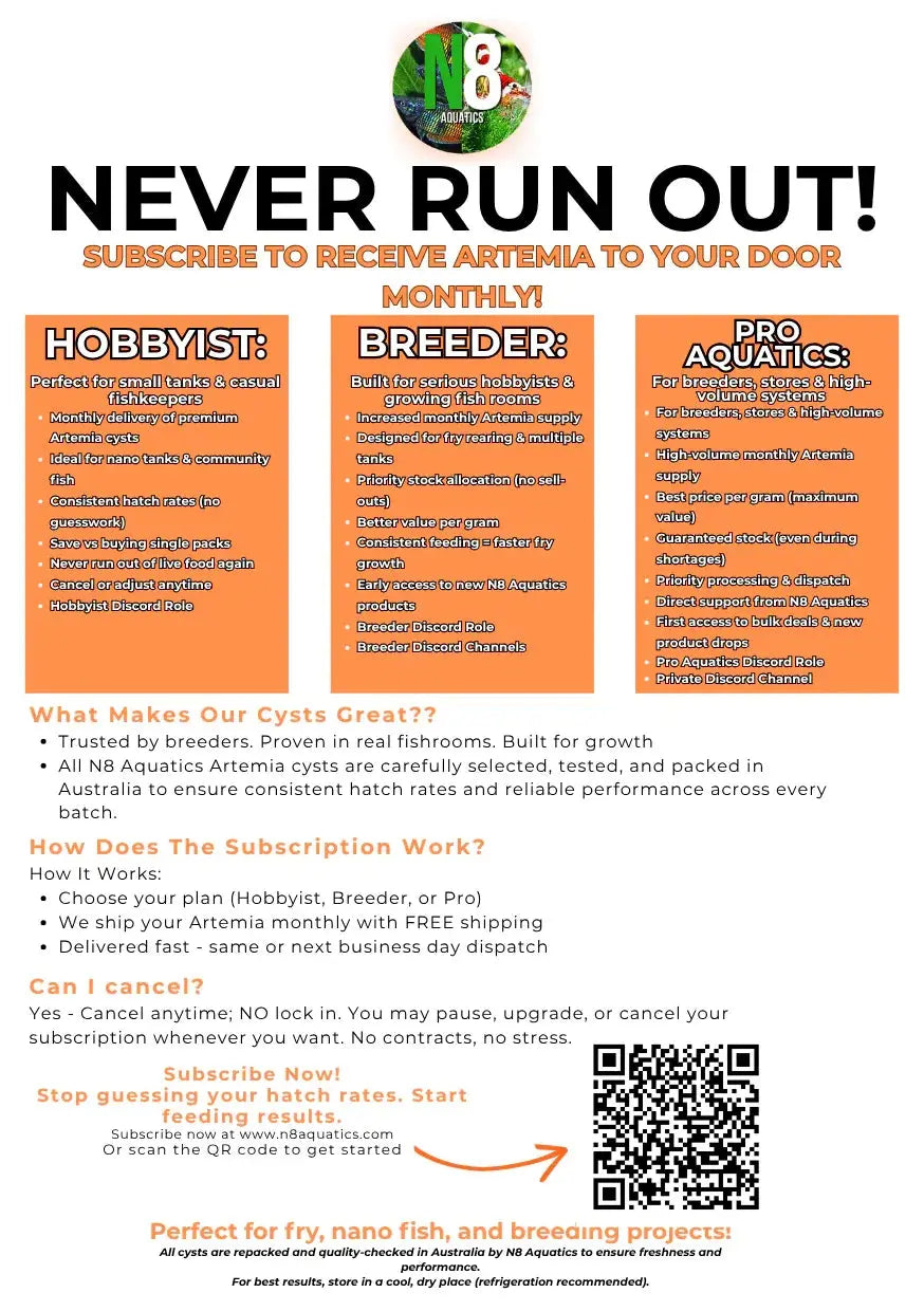 N8 Aquatics Artemia monthly subscription plans - Hobbyist, Breeder and Pro Aquatics options