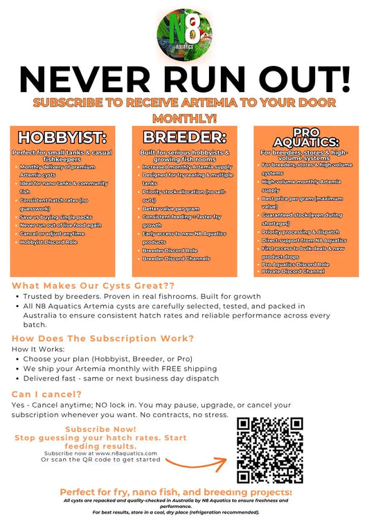 N8 Aquatics Artemia monthly subscription plans - Hobbyist, Breeder and Pro Aquatics options