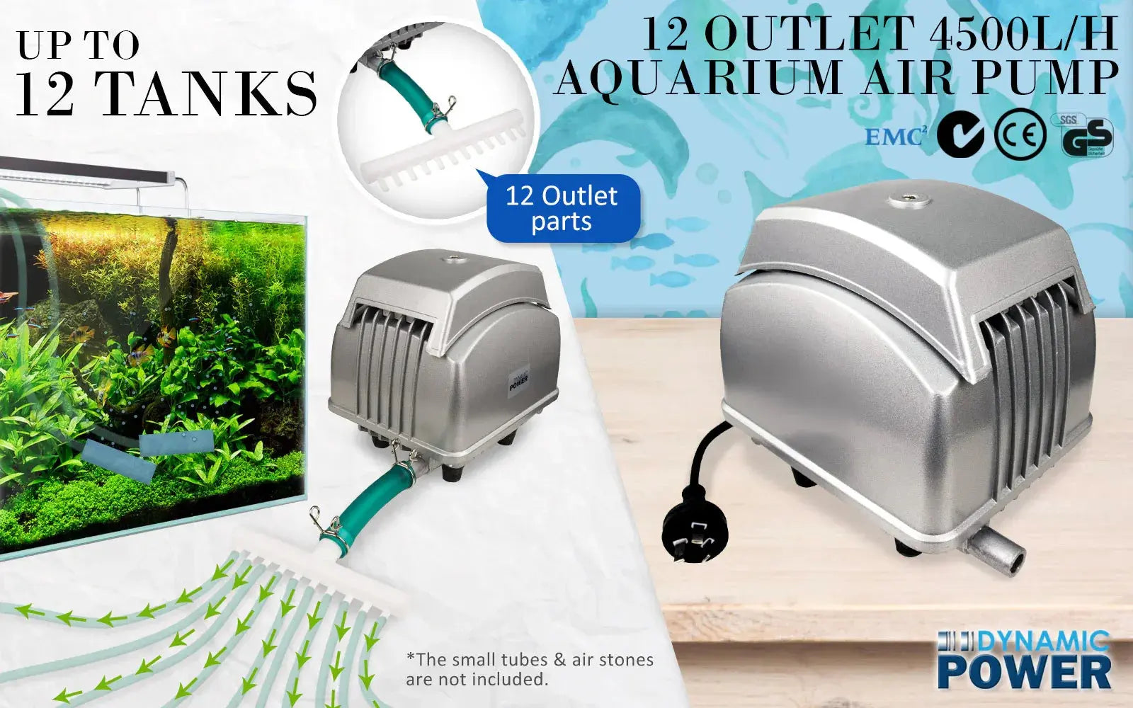 Aquarium Air Pump Oxygen Hydroponic 12 Outlet 4500L/H 65W N8 Aquatics